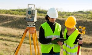 Two land surveyors using surveying equipment on sloped terrain, collecting elevation and drainage data before construction on uneven land in Pennsylvania.