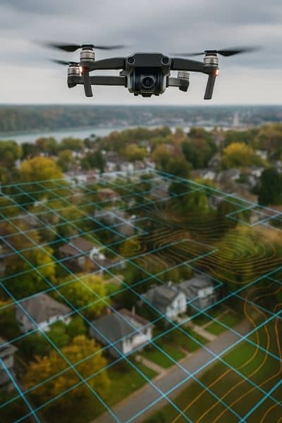 Aerial survey view showing drone mapping property features with contour overlays
