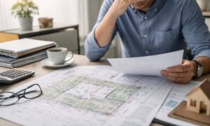 Buyer reviewing property documents and site plans during a delayed closing process highlighted by an ALTA Survey