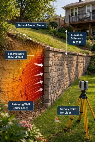 Retaining wall slope pressure diagram - ALTA SURVEY Pennsylvania Lidar mapping view showing soil pressure and elevation difference behind a residential retaining wall on a sloped property