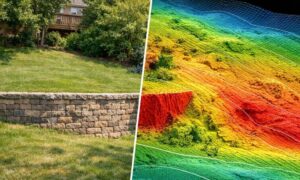 Lidar mapping view showing hidden slope and elevation changes behind a residential yard with a retaining wall