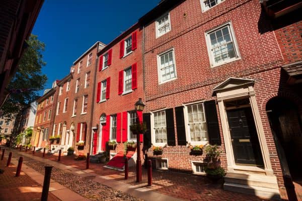 Historic Philadelphia rowhomes with tight property lines, illustrating local zoning challenges