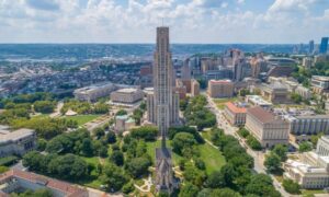 Aerial view of Pittsburgh showing hilly terrain and urban structures, ideal for a topographic survey