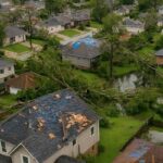 Aerial drone survey capturing post-storm property damage including roof damage, fallen trees, and flooding, with detailed drone mapping overlay

