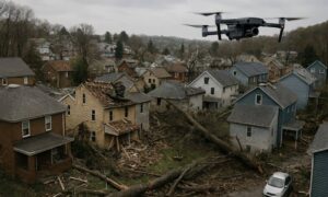 Drone conducting UAV survey over storm-damaged houses and fallen trees in Pittsburgh