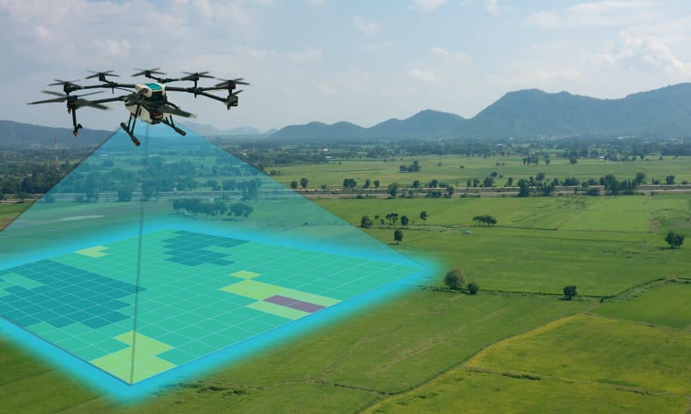 Drone capturing an aerial survey view with a digital land mapping overlay