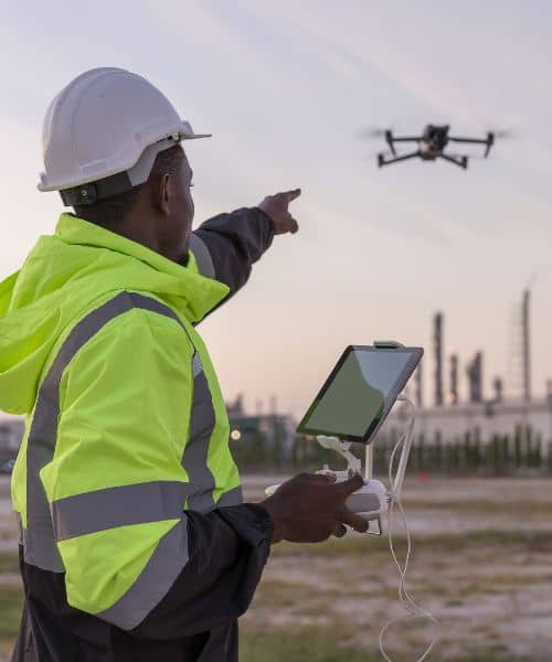 An engineer operating a drone during drone land surveying to capture detailed site data
