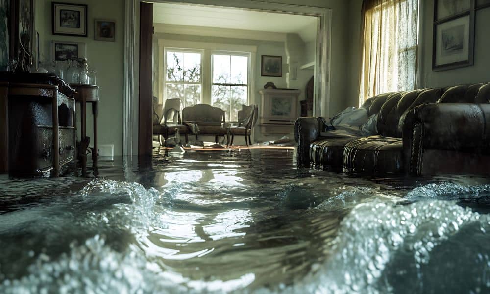 Flooded living room after heavy rain, showing why a topographic survey can help prevent basement flooding