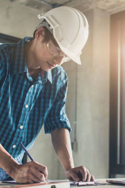 Surveyor reviewing boundary line survey report - ALTA SURVEY Pennsylvania Engineer reviewing plans and finalizing a boundary line survey report for a construction project