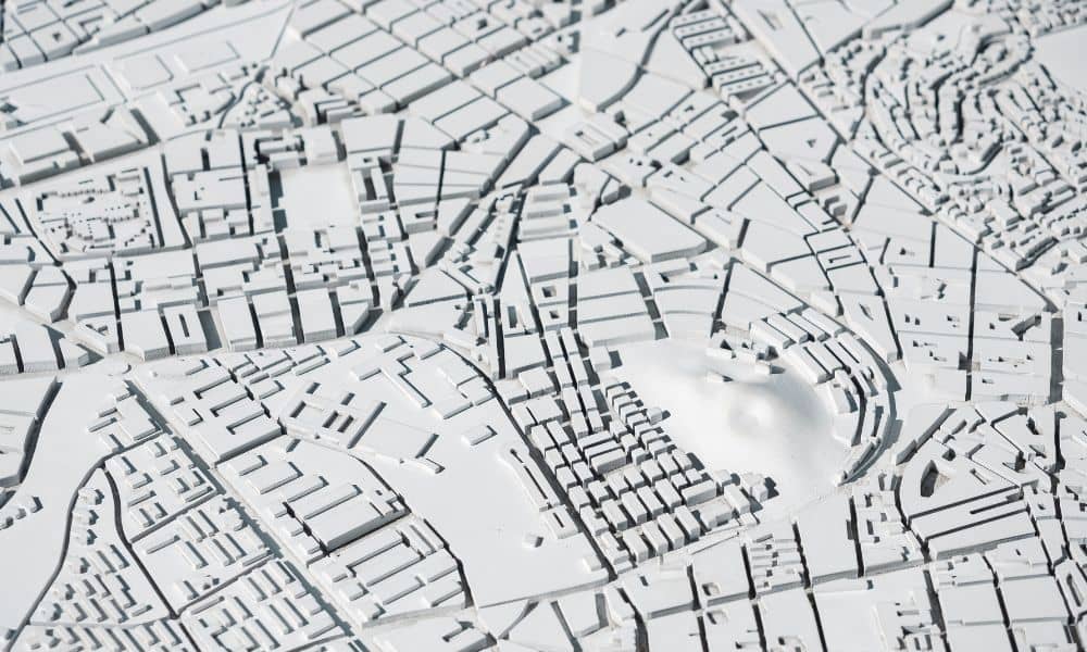 Abstract city land use map illustrating how boundary survey issues can emerge from updated planning data