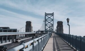 Urban bridge walkway showing elevation and structure context where a topo survey supports infrastructure safety