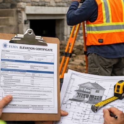 Surveyor measuring a home’s elevation while reviewing a FEMA elevation certificate during a flood insurance inspection