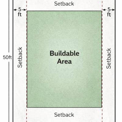 Diagram showing property boundaries and setbacks inside a boundary survey that defines the buildable area of a lot