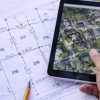 A licensed land surveyor reviewing a property boundary map alongside official survey documents to explain why online maps can be misleading