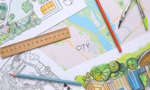 Urban planning layout showing how a topographic survey supports early site decisions