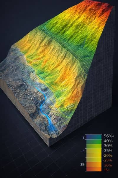 3D digital terrain model showing elevation changes and slope angles generated through drone surveying for stability analysis