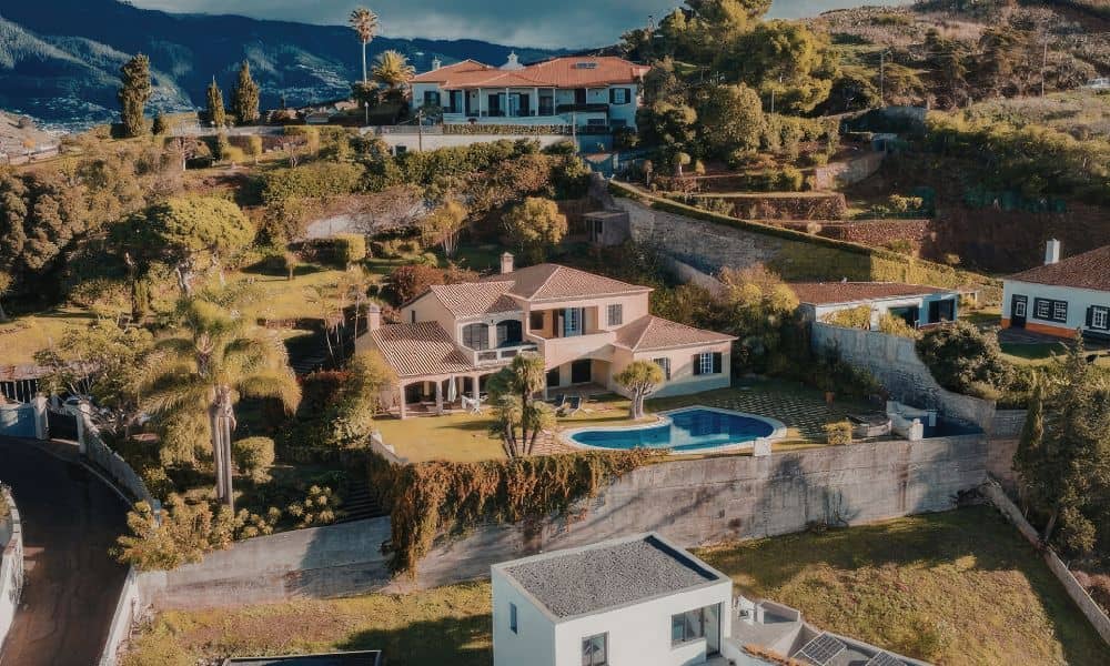 Hillside homes built on steep terrain where a topographic survey helps evaluate slope stability before development