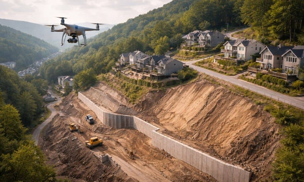 Drone surveying a steep hillside construction site to support slope stability mapping and terrain analysis