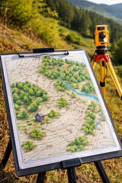 Survey equipment and terrain contour map used in a topographic survey to measure elevation changes on hillside land