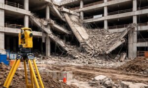 Partially collapsed parking structure at a construction site highlighting the importance of land surveying before construction begins