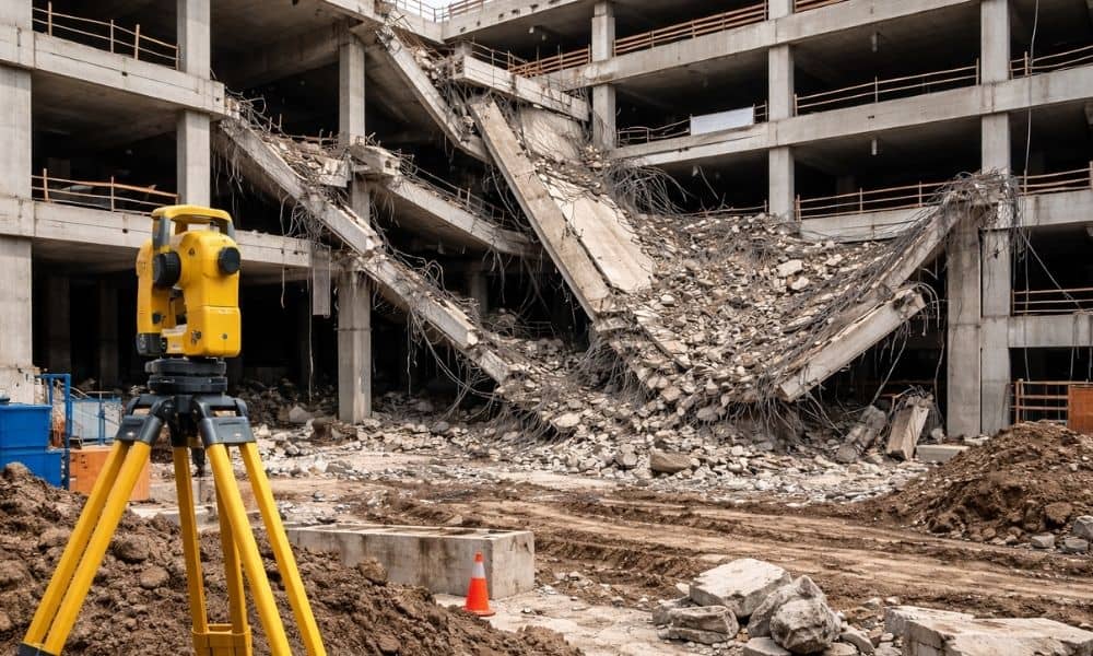 Partially collapsed parking structure at a construction site highlighting the importance of land surveying before construction begins