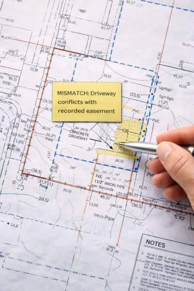 Close-up of a land survey map highlighting easement and boundary conflicts identified during an ALTA Survey