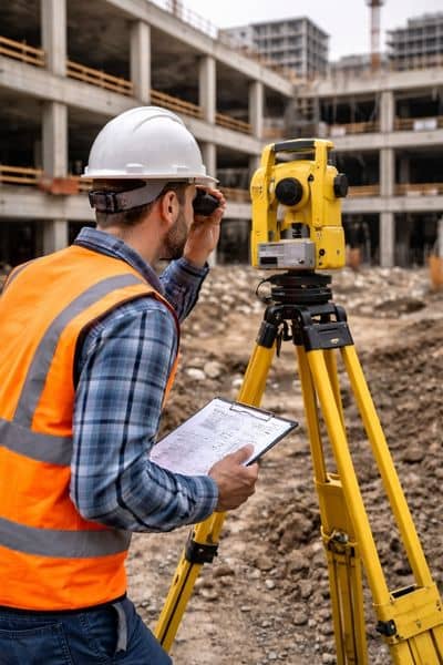 Land surveyor using a total station at a construction site to ensure accurate measurements before building begins
