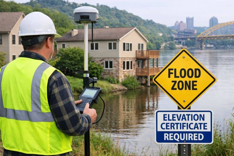 elevation certificate surveyor flood zone - ALTA SURVEY Pennsylvania Surveyor collecting flood risk elevation certificate data near residential flood zone