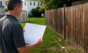 Homeowner reviewing a property survey beside a backyard fence with visible boundary markers showing a potential property line dispute