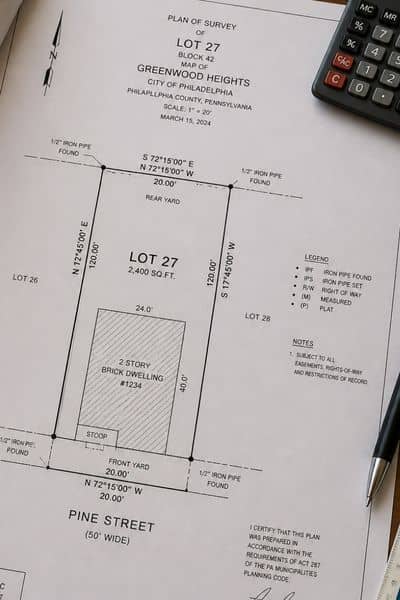 Property survey map showing boundary lines and measurements used to check changes on a property