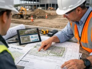 Survey team reviewing ALTA survey plans and site data during early cost planning for a commercial development before closing