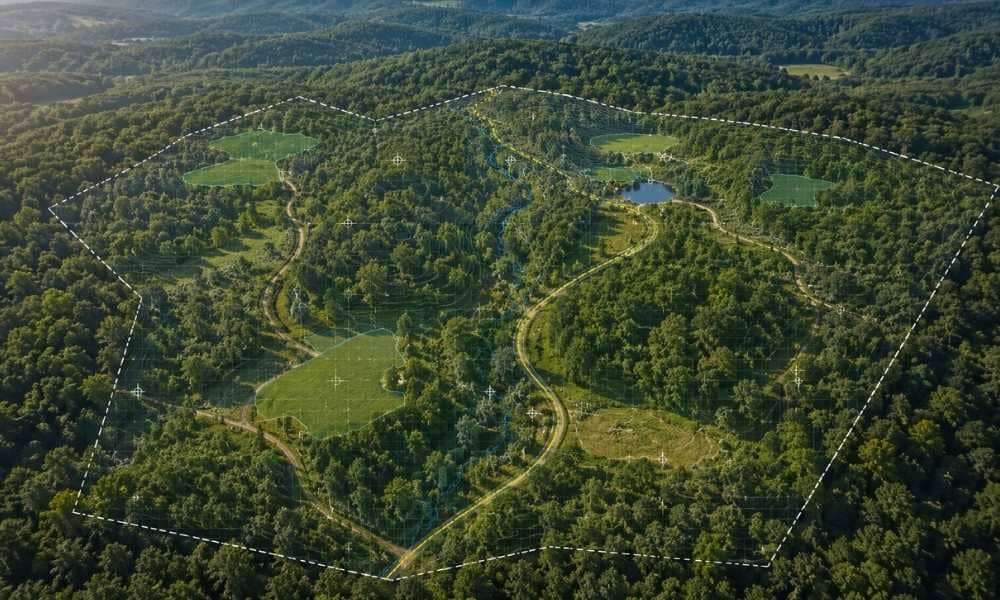 Drone mapping wooded property aerial survey - ALTA SURVEY Pennsylvania Aerial drone mapping of a wooded property showing access roads, clearings, water features, and property boundaries for early site planning