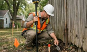Property survey cost missing property marker - ALTA SURVEY Pennsylvania Land surveyor locating a missing property corner marker near a fence, illustrating factors that can affect property survey cost