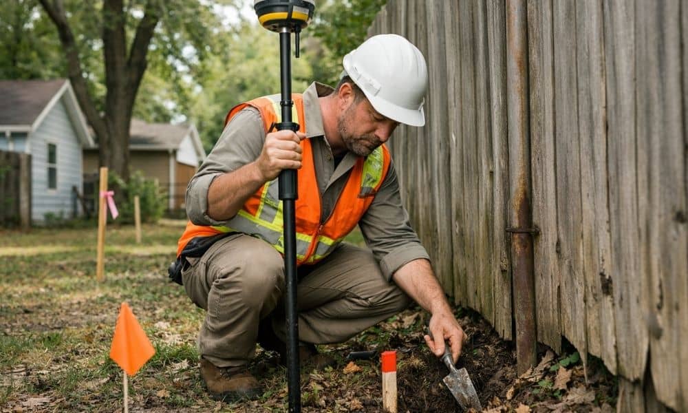 Land surveyor locating a missing property corner marker near a fence, illustrating factors that can affect property survey cost