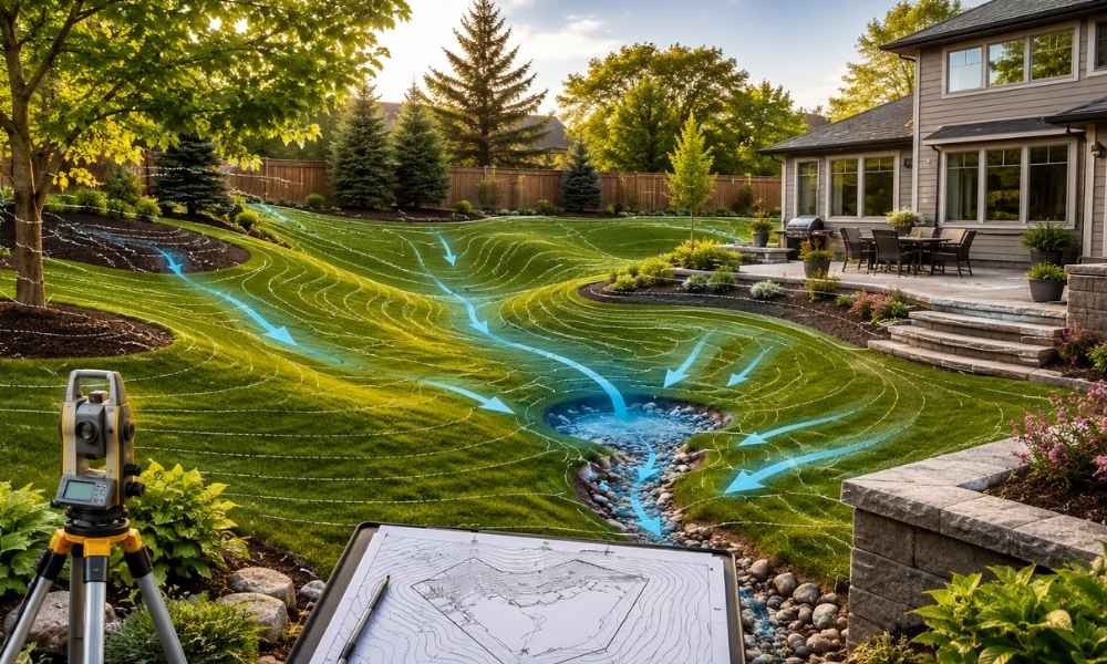 Topographic survey showing backyard drainage patterns before landscaping improvements