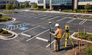 Alta survey commercial property parking lot inspection - ALTA SURVEY Pennsylvania Land surveyor conducting an ALTA survey to verify parking spaces, ADA compliance, and property boundaries at a commercial property