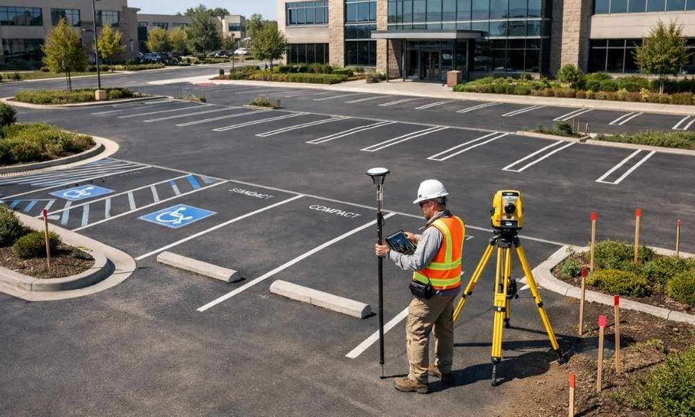 Land surveyor conducting an ALTA survey to verify parking spaces, ADA compliance, and property boundaries at a commercial property