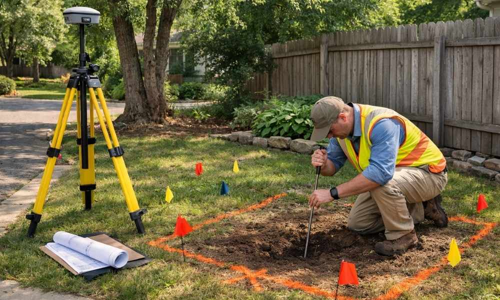 Surveyor searching for a missing property corner, which can affect boundary survey price