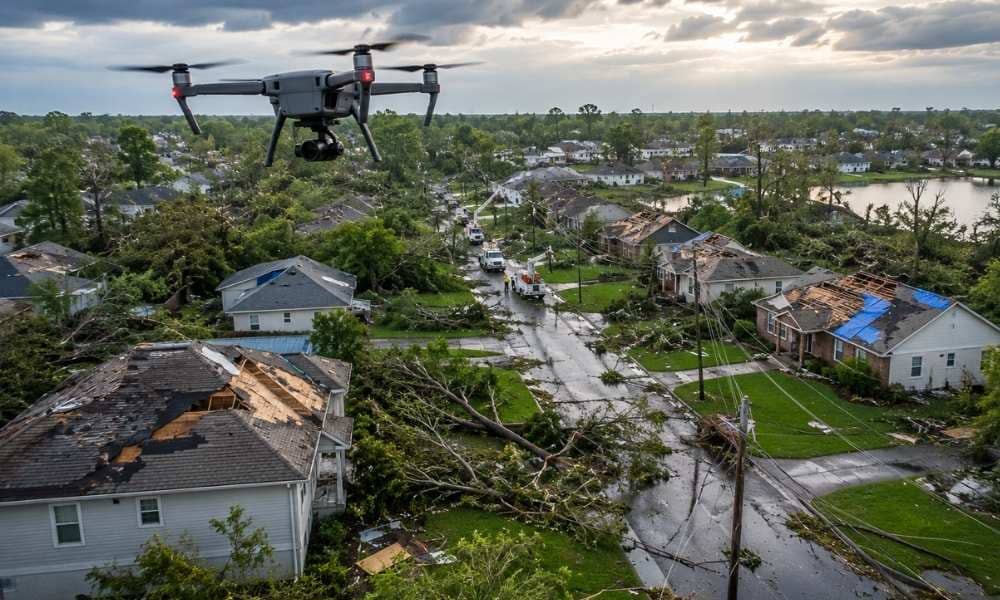 Drone mapping storm damage assessment - ALTA SURVEY Pennsylvania A drone mapping a storm-damaged neighborhood with damaged roofs, fallen trees, and utility crews responding after severe storms