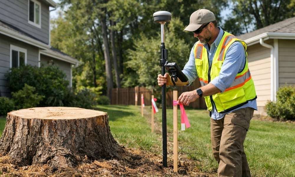 Land surveyor near me tree removal property line - ALTA SURVEY Pennsylvania Land surveyor near me using GPS equipment to verify a residential property line after a tree removal dispute