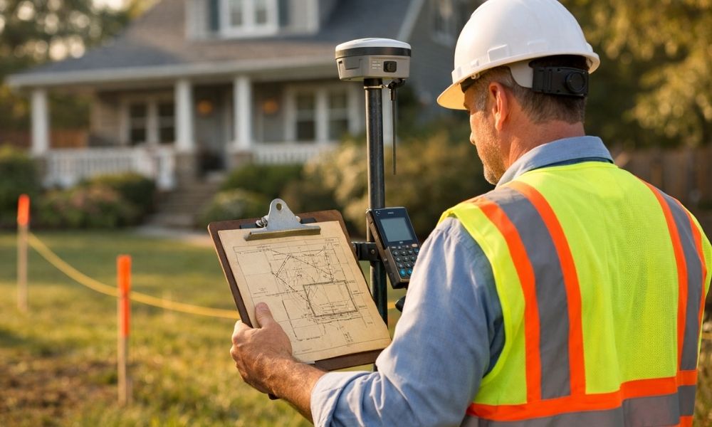 Land surveyor updating property survey - ALTA SURVEY Pennsylvania Land surveyor using modern GPS equipment while reviewing an older property survey at a residential home
