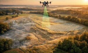 Lidar mapping before solar farm planning - ALTA SURVEY Pennsylvania Drone performing LiDAR mapping over farmland before solar farm planning with terrain data and proposed solar panel layout