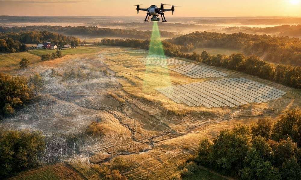 Drone performing LiDAR mapping over farmland before solar farm planning with terrain data and proposed solar panel layout