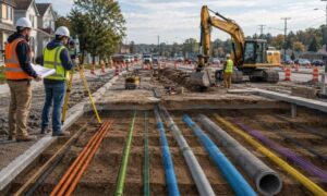 Survey mapping utility relocation construction site - ALTA SURVEY Pennsylvania Surveyor mapping underground utility lines at a road construction site before excavation to help builders avoid relocation delays