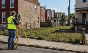 Land surveyor measuring a residential lot for a subdivision survey in Philadelphia