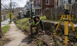 Surveyor helping find property lines on an older Pittsburgh residential lot
