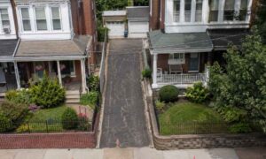Aerial view of a shared driveway between neighboring row homes in Philadelphia