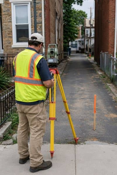 Survey mapping philadelphia pa - ALTA SURVEY Pennsylvania Surveyor using equipment for survey mapping near a shared driveway in Philadelphia PA