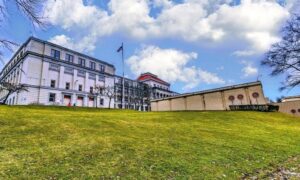 Pittsburgh school campus due diligence survey - ALTA SURVEY Pennsylvania Historic Pittsburgh school campus with sloped grounds relevant to due diligence survey planning