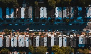 Aerial view of Philadelphia rowhouses and surrounding streets, providing context for a property survey